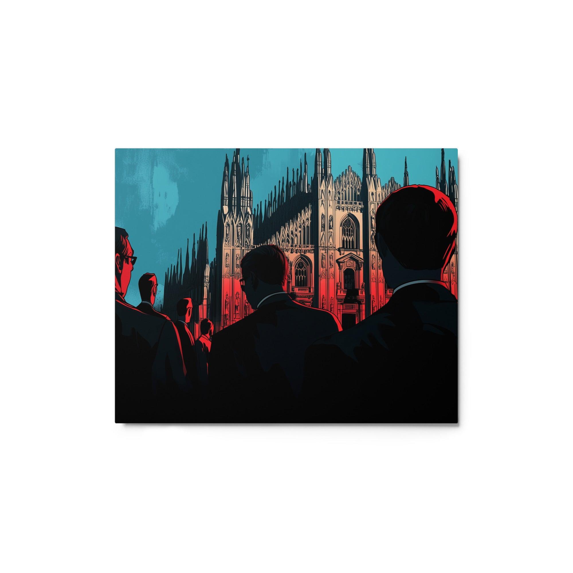 Mafia Men Observing Gothic Cathedral Noir Red and Blue Art Style Metal Poster - Oh Posters