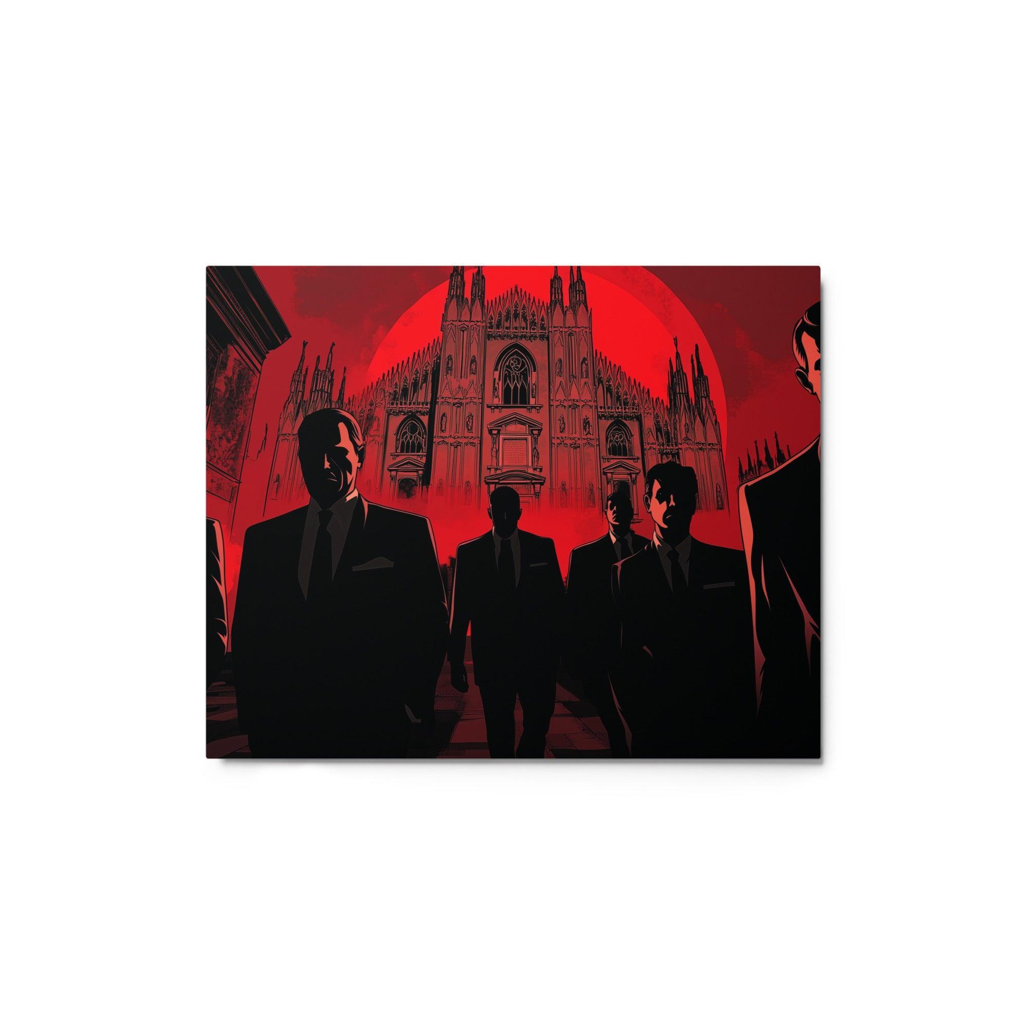 Mafia Men in Suits Walking Toward Cathedral Under Red Sky Noir Art Metal Poster - Oh Posters