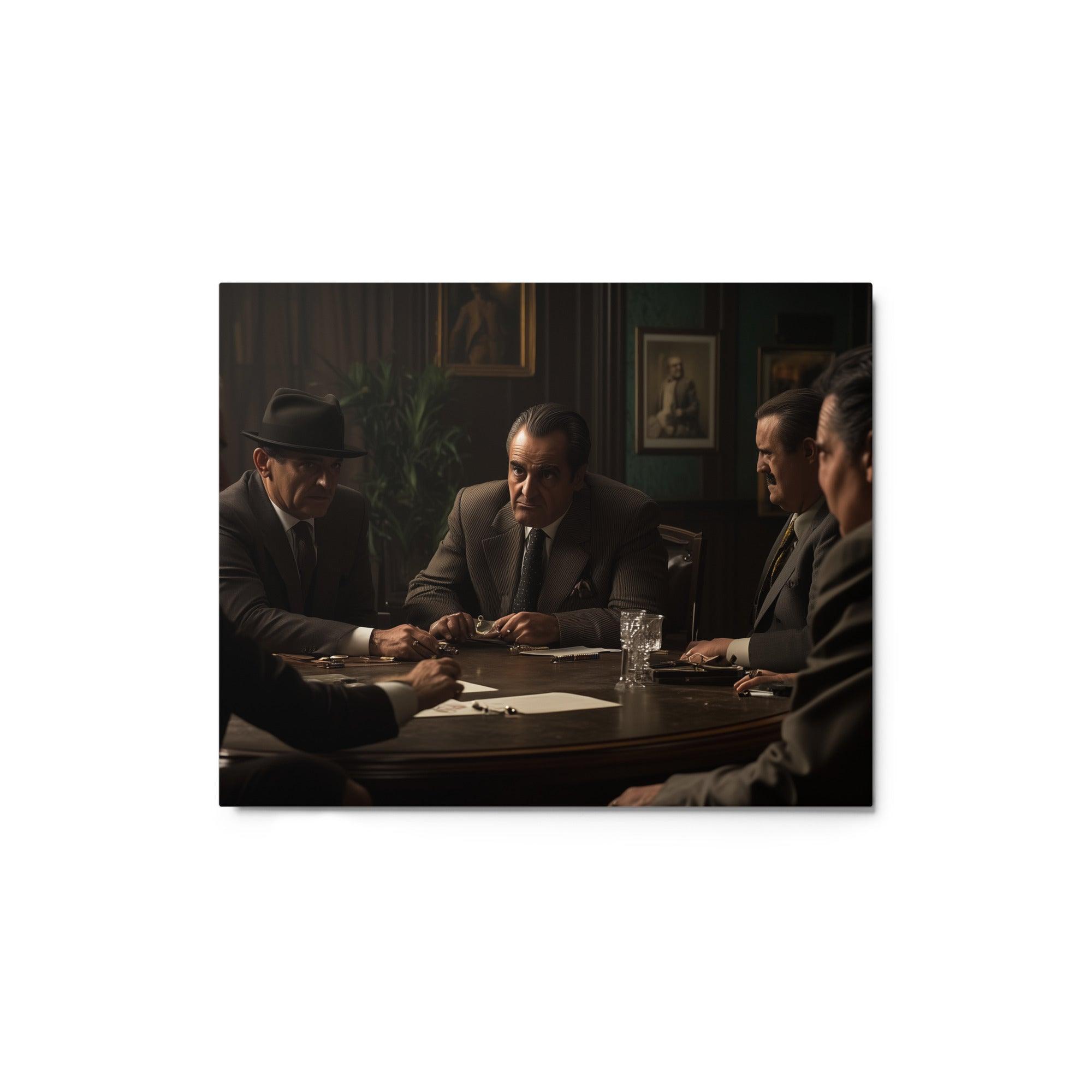 Mob Bosses in Dimly Lit Room Intense Negotiation Scene Artwork Metal Poster - Oh Posters