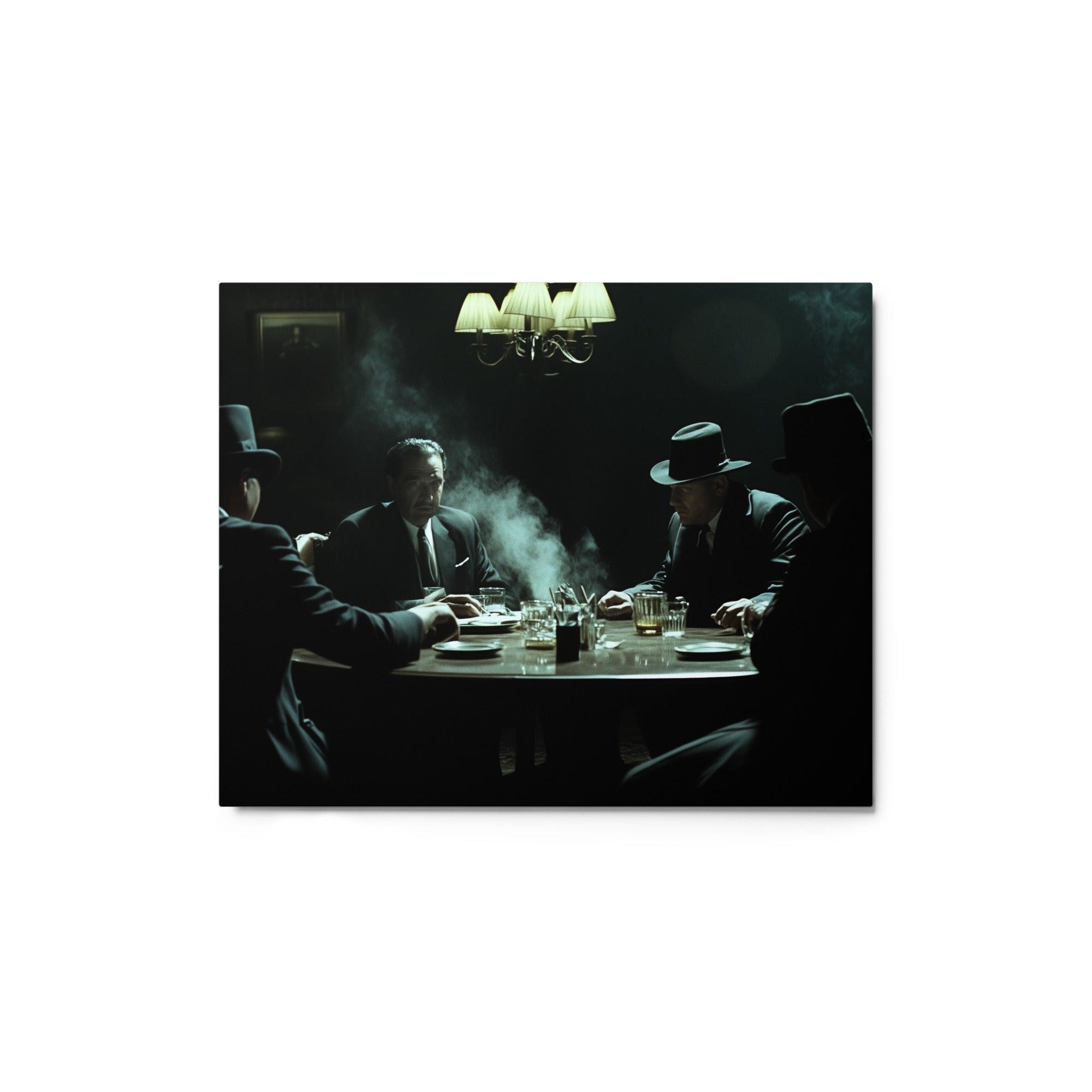 Gangsters at Table Under Lamp Dramatic Smoky Noir Mafia Setting Metal Poster - Oh Posters