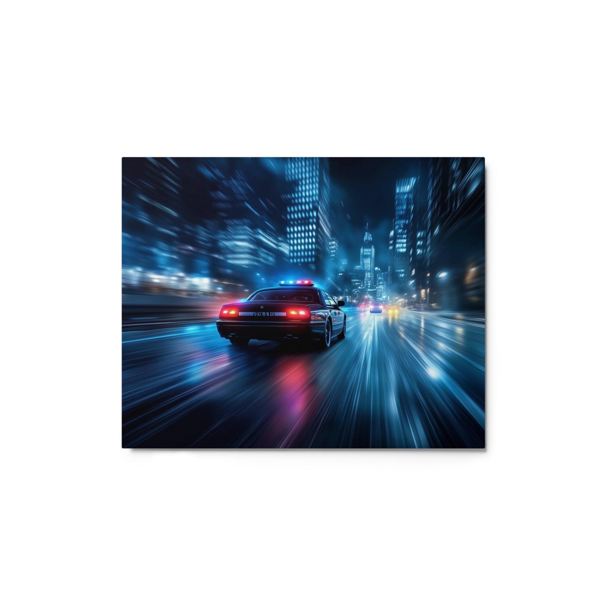 High-Speed Police Car Chase Night City Neon Lights Dynamic Art Metal Poster - Oh Posters