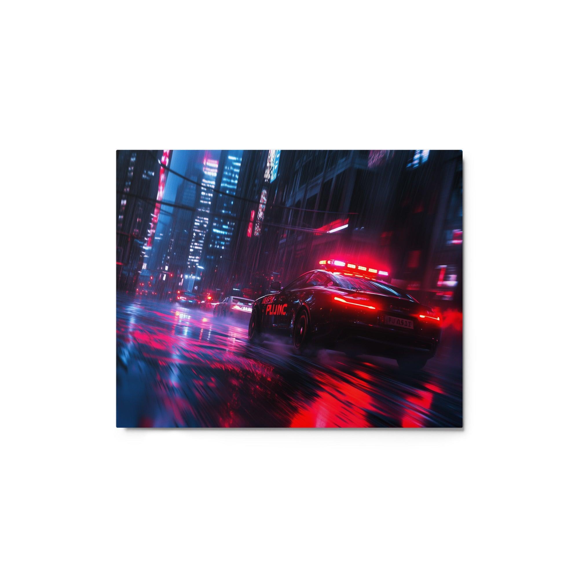 Futuristic Police Car Pursuit Rainy Cyberpunk City Red and Blue Lights Metal Poster - Oh Posters