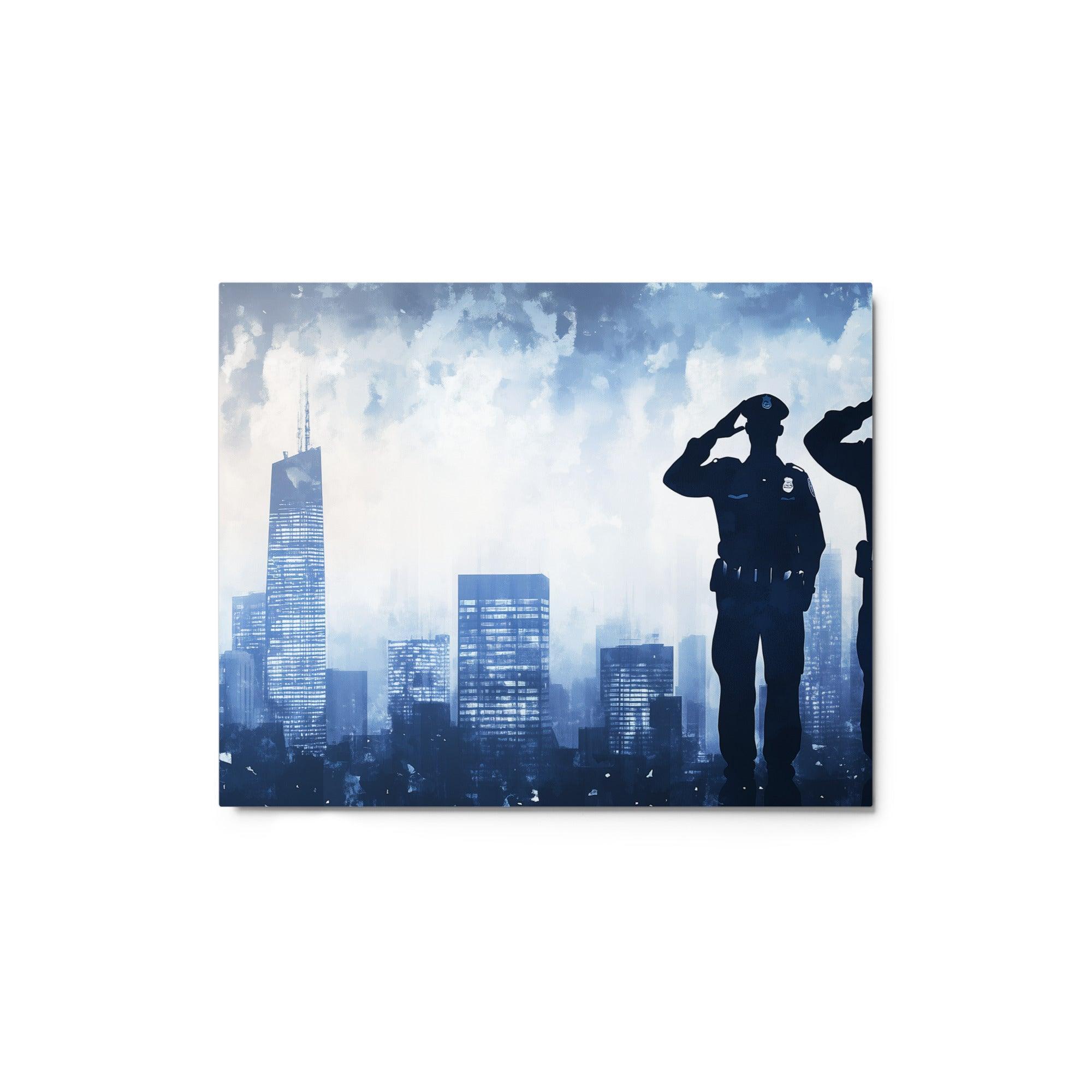 Police Officers Saluting Silhouette Against Blue City Skyline Watercolor Style Metal Poster - Oh Posters