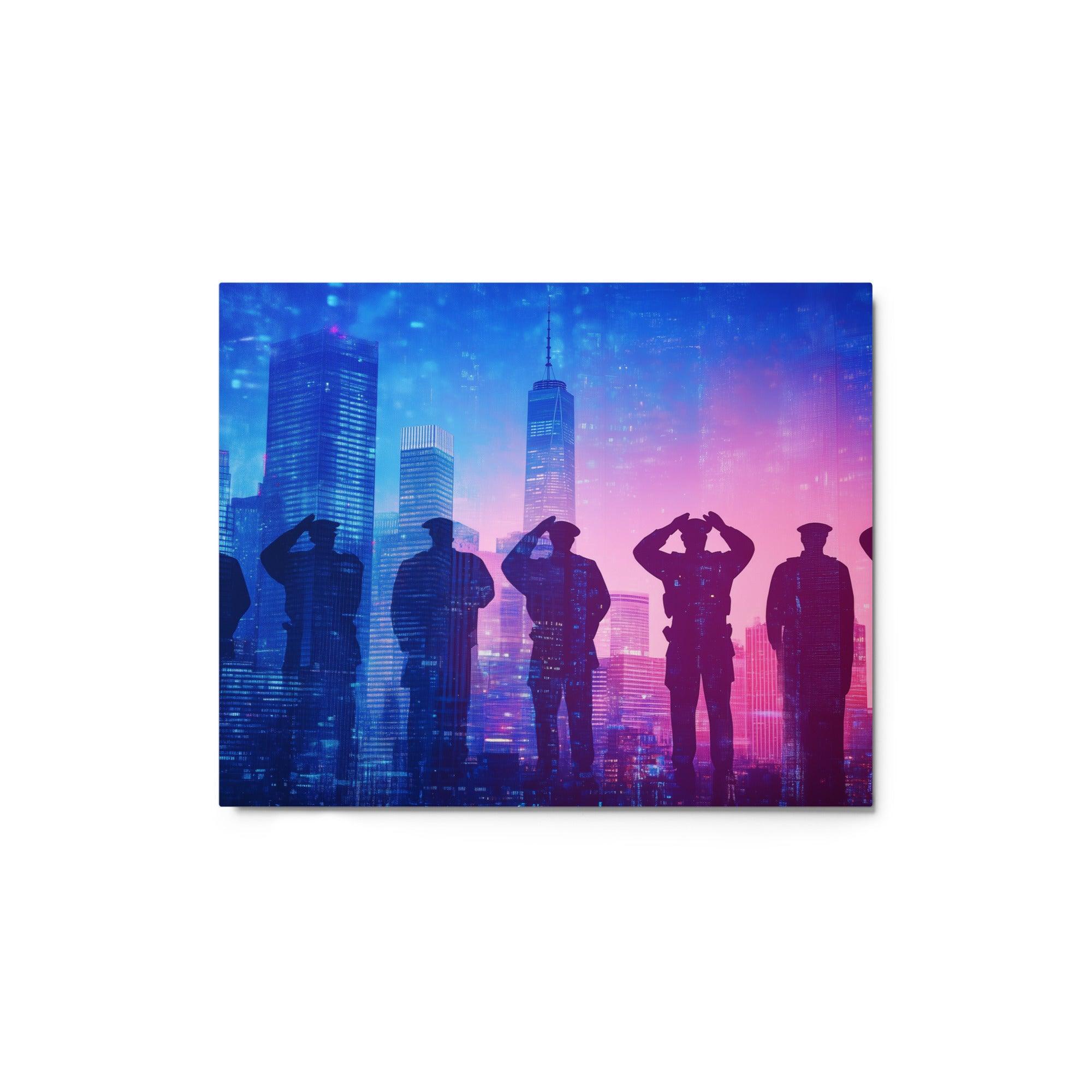 Group of Police Officers Saluting Vibrant Neon City Skyline Background Metal Poster - Oh Posters