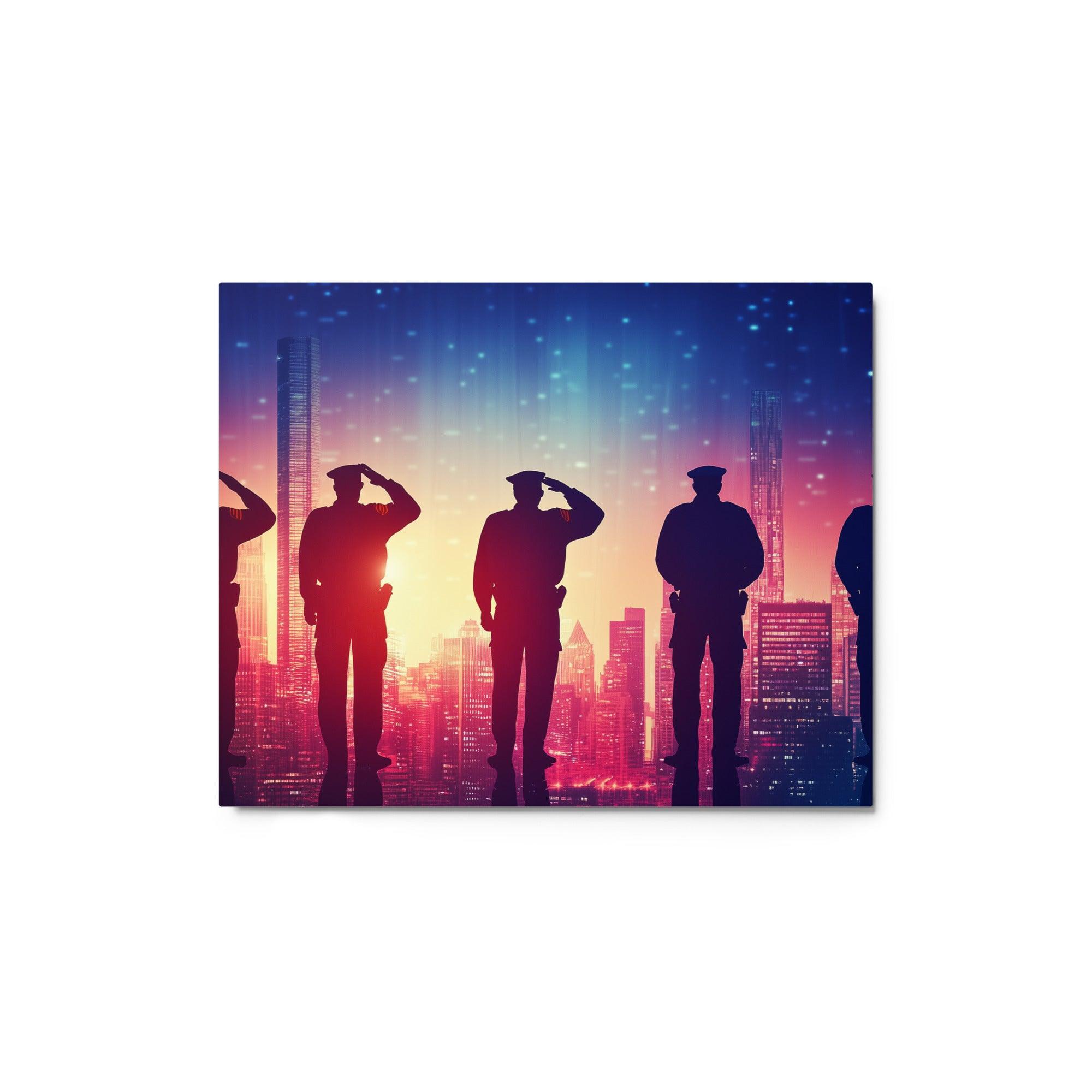 Police Officers Saluting City Sunset Gradient Skyline Silhouette Artwork Metal Poster - Oh Posters