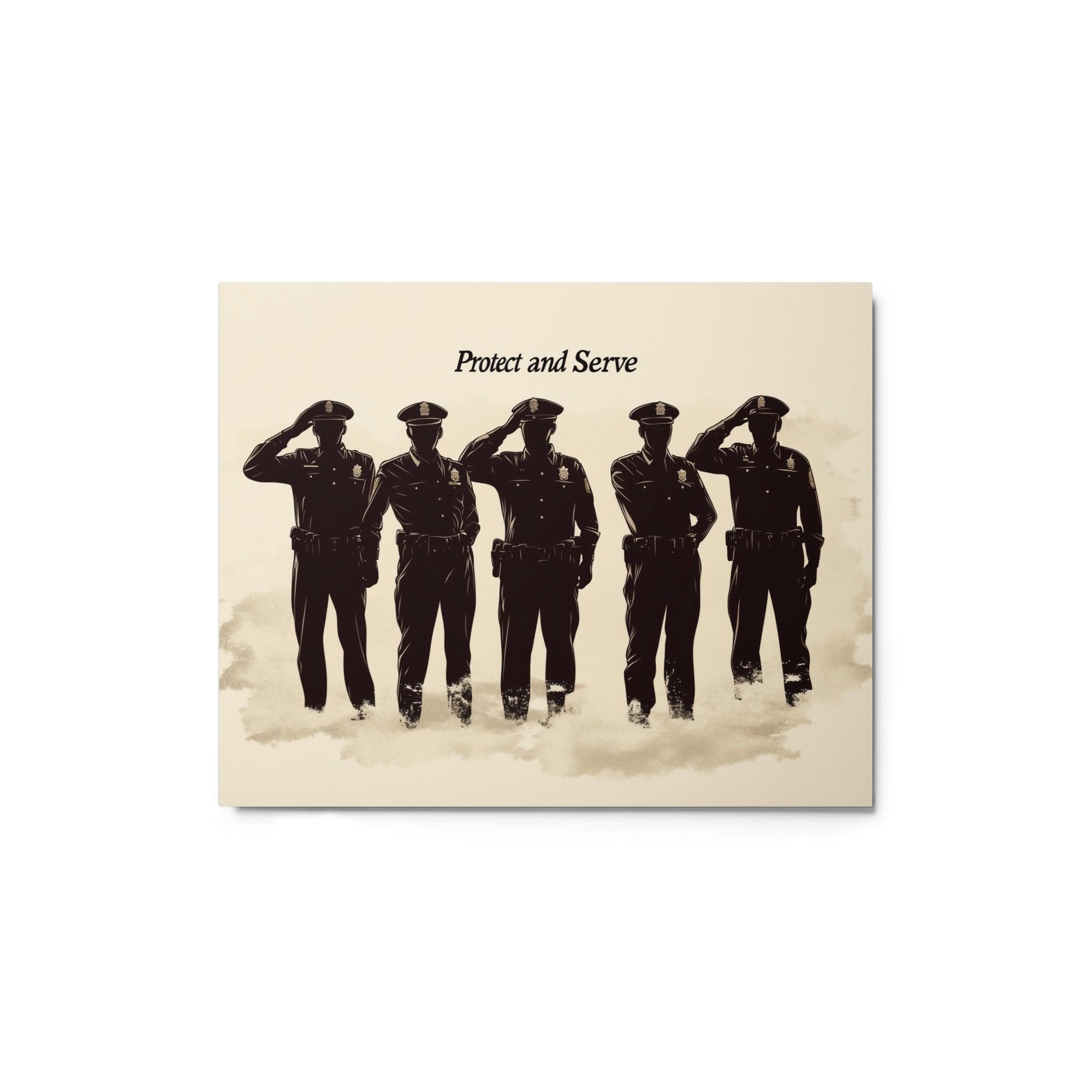 Vintage Police Officers Saluting Protect and Serve Minimalist Monochrome Artwork Metal Poster - Oh Posters