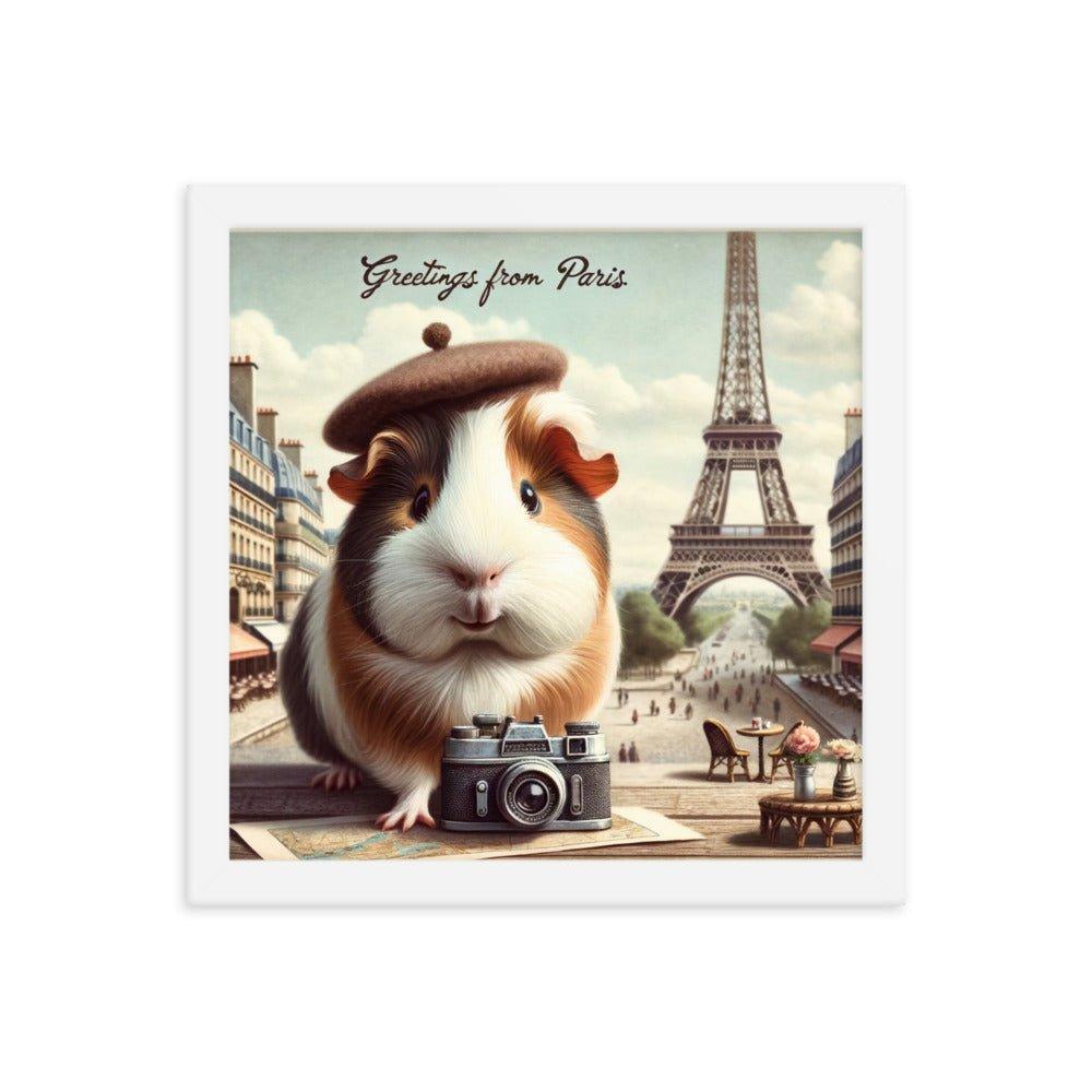 'Greetings from Paris' Vintage Guinea Pig Travel Postcard Art Framed Poster - Oh Posters