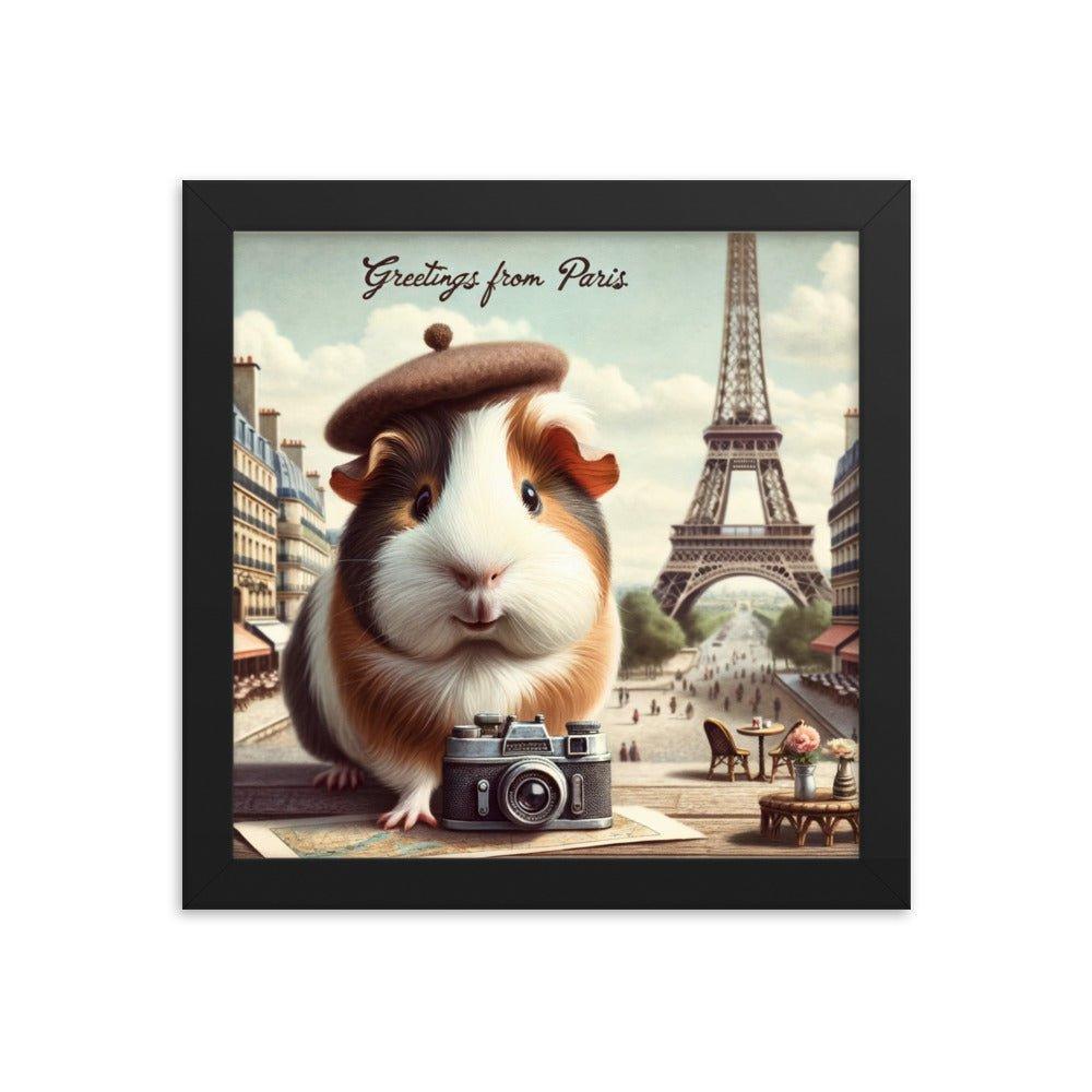 'Greetings from Paris' Vintage Guinea Pig Travel Postcard Art Framed Poster - Oh Posters