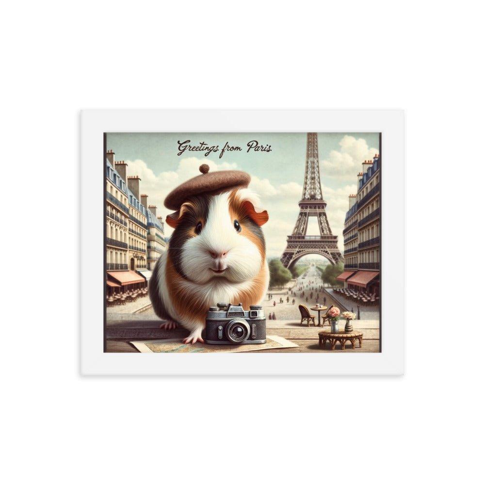 'Greetings from Paris' Vintage Guinea Pig Travel Postcard Art Framed Poster - Oh Posters