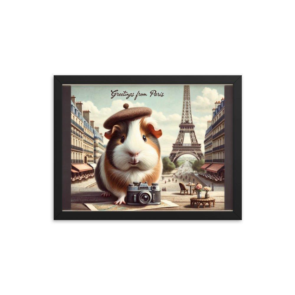 'Greetings from Paris' Vintage Guinea Pig Travel Postcard Art Framed Poster - Oh Posters