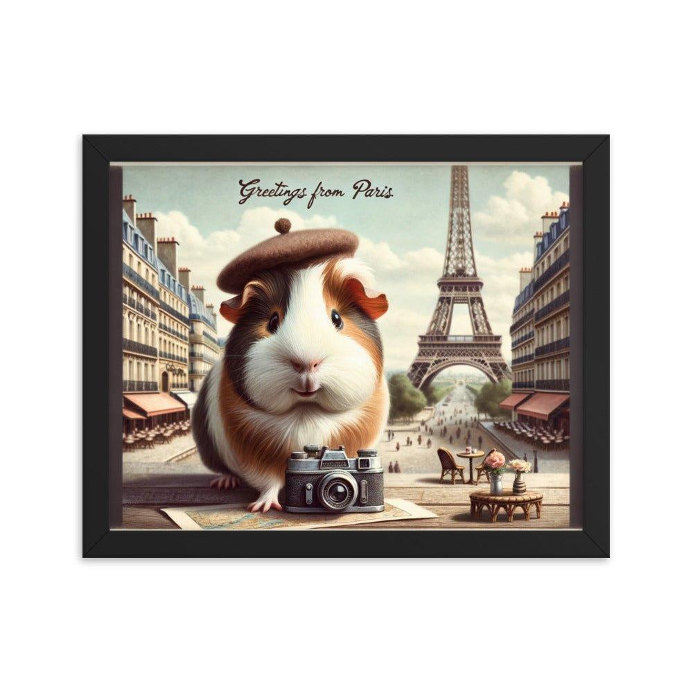 'Greetings from Paris' Vintage Guinea Pig Travel Postcard Art Framed Poster - Oh Posters