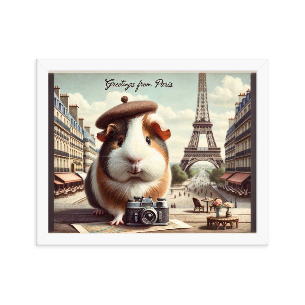 'Greetings from Paris' Vintage Guinea Pig Travel Postcard Art Framed Poster - Oh Posters