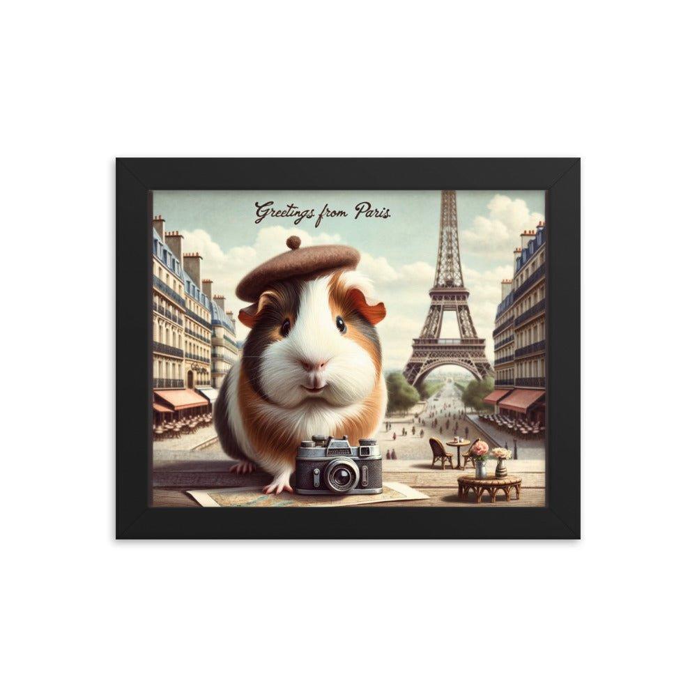 'Greetings from Paris' Vintage Guinea Pig Travel Postcard Art Framed Poster - Oh Posters