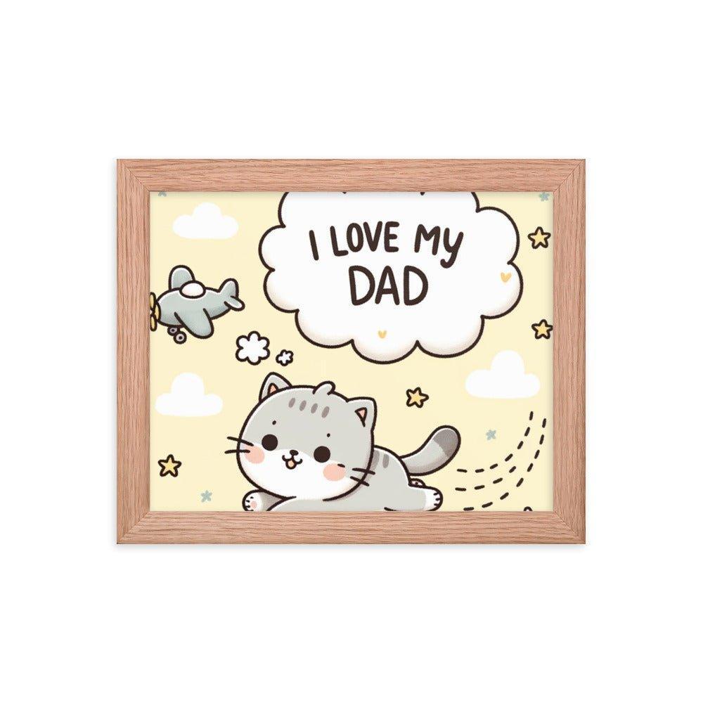 'I Love My Dad' Whimsical Cat and Plane Cartoon Framed Poster - Oh Posters