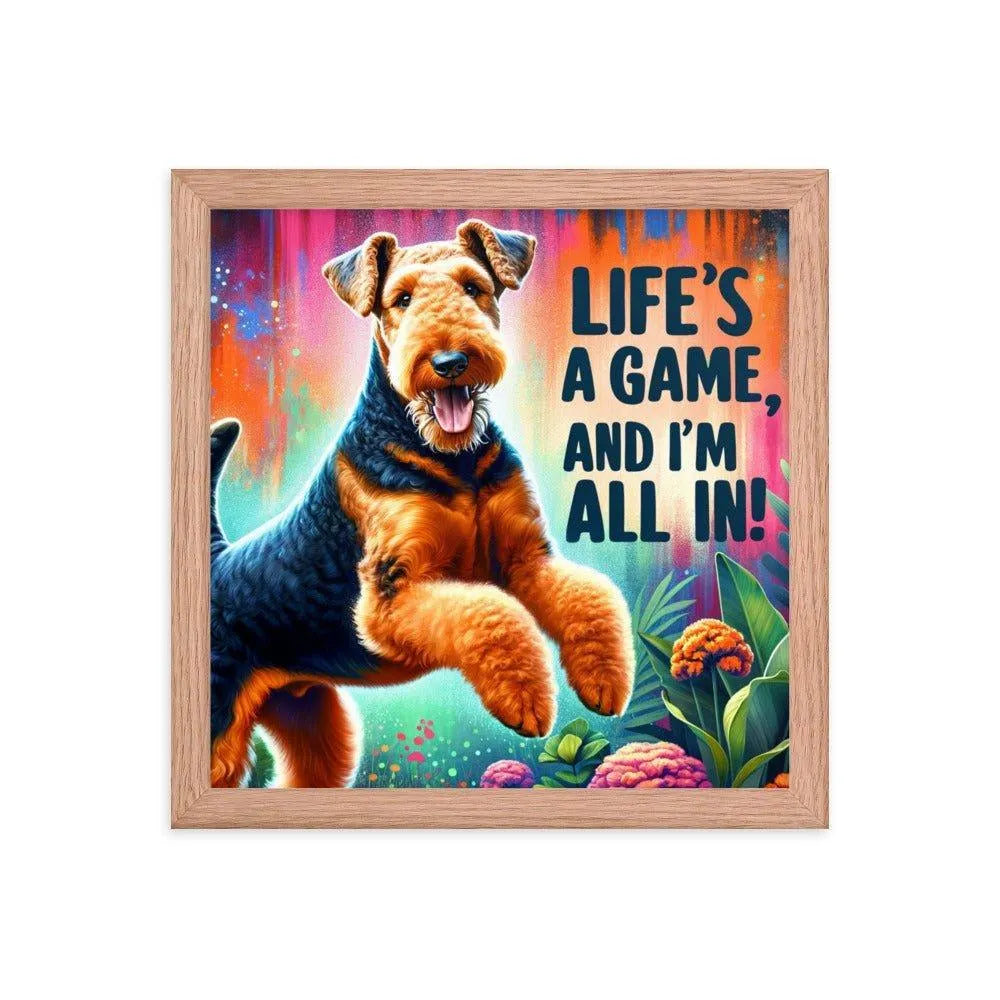 'Life's a Game, and I'm All In!' Airedale Terrier Playful Jump Digital Art Framed Poster - Oh Posters