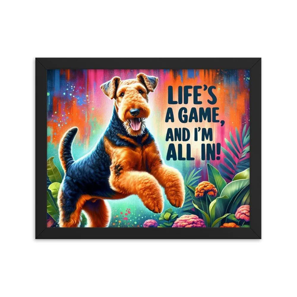 'Life's a Game, and I'm All In!' Airedale Terrier Playful Jump Digital Art Framed Poster - Oh Posters