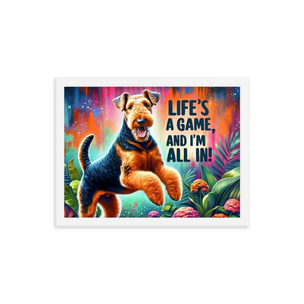 'Life's a Game, and I'm All In!' Airedale Terrier Playful Jump Digital Art Framed Poster - Oh Posters