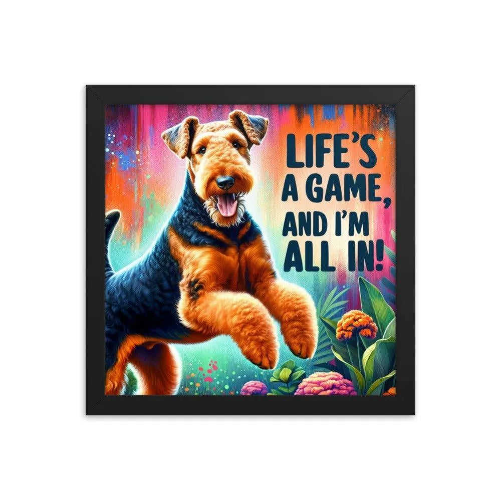 'Life's a Game, and I'm All In!' Airedale Terrier Playful Jump Digital Art Framed Poster - Oh Posters