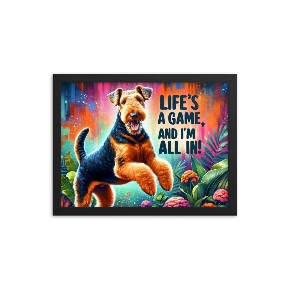 'Life's a Game, and I'm All In!' Airedale Terrier Playful Jump Digital Art Framed Poster - Oh Posters