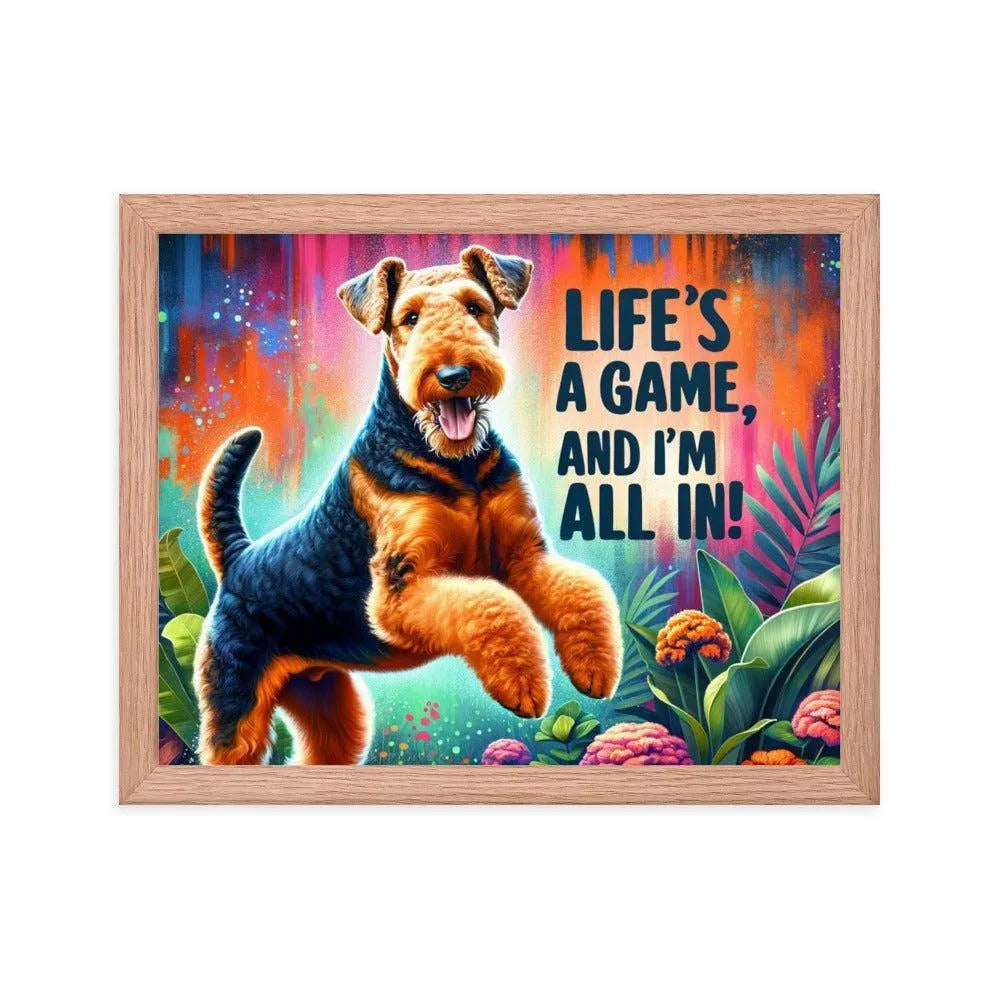 'Life's a Game, and I'm All In!' Airedale Terrier Playful Jump Digital Art Framed Poster - Oh Posters