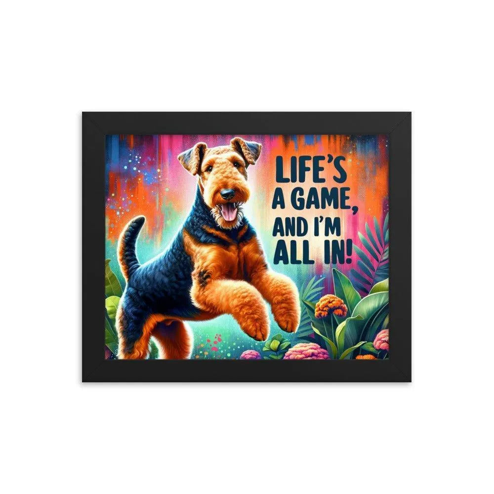 'Life's a Game, and I'm All In!' Airedale Terrier Playful Jump Digital Art Framed Poster - Oh Posters