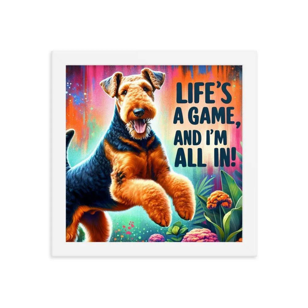 'Life's a Game, and I'm All In!' Airedale Terrier Playful Jump Digital Art Framed Poster - Oh Posters