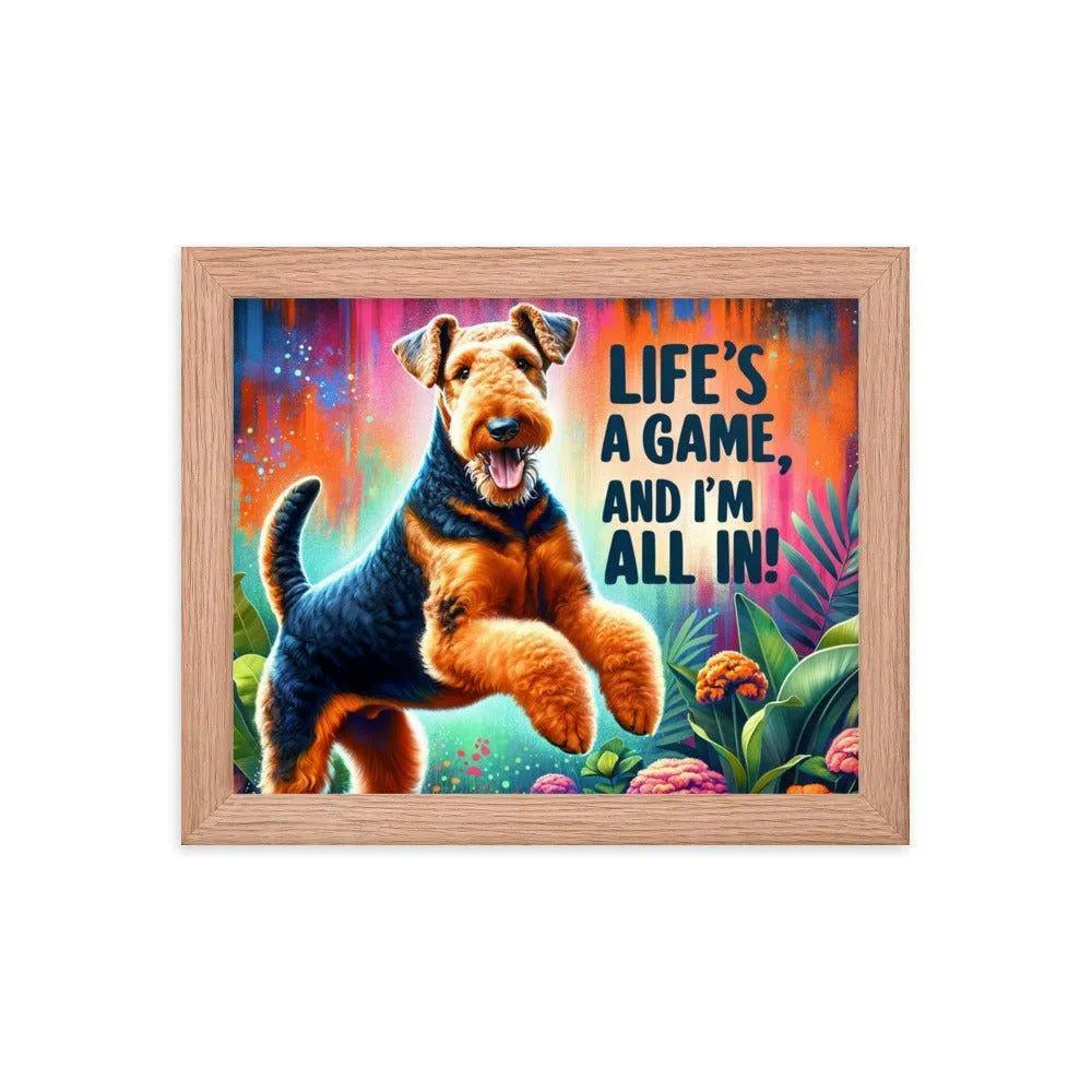 'Life's a Game, and I'm All In!' Airedale Terrier Playful Jump Digital Art Framed Poster - Oh Posters