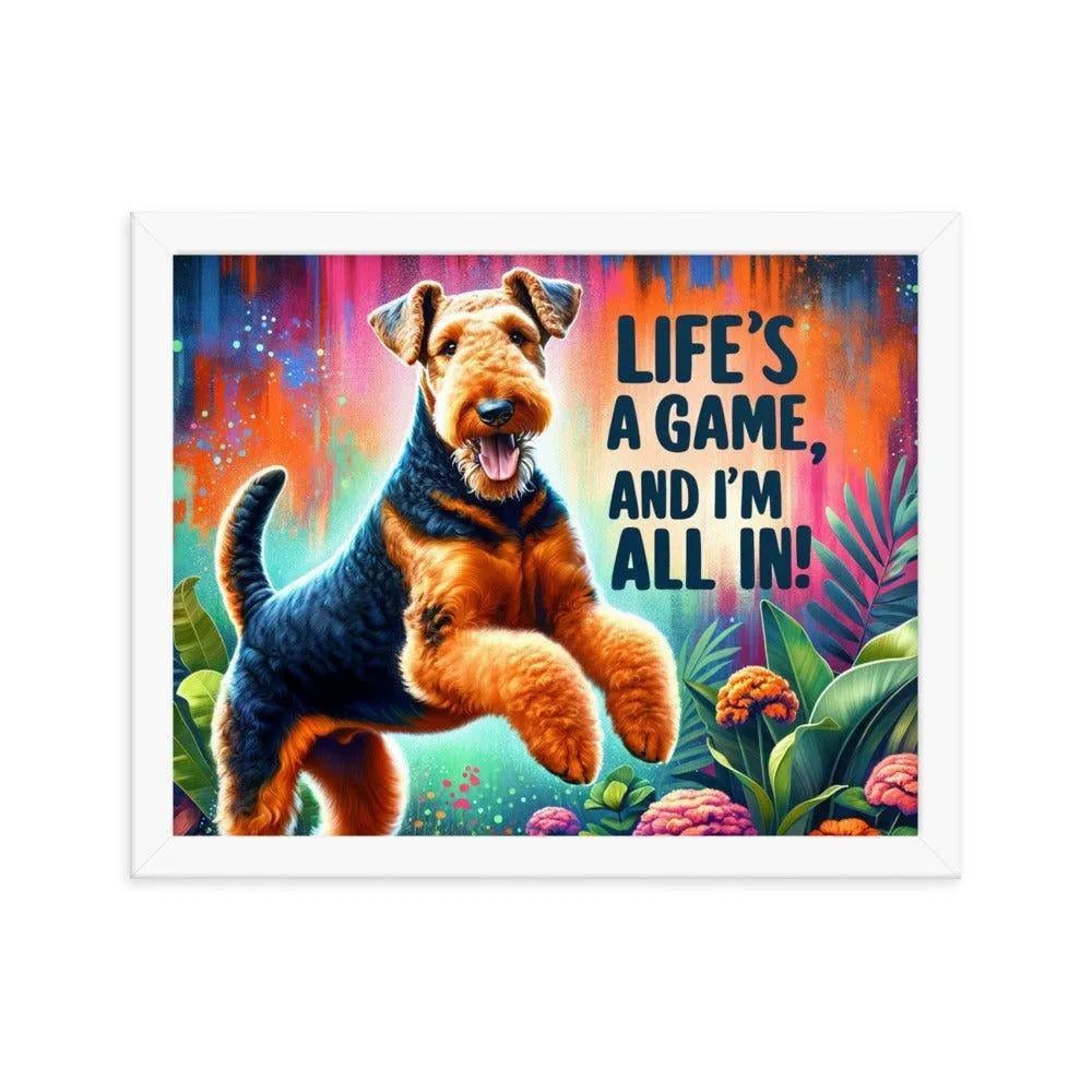 'Life's a Game, and I'm All In!' Airedale Terrier Playful Jump Digital Art Framed Poster - Oh Posters