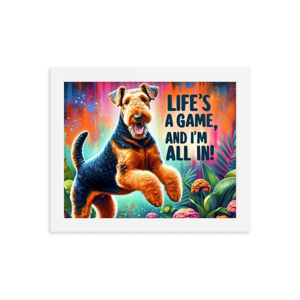 'Life's a Game, and I'm All In!' Airedale Terrier Playful Jump Digital Art Framed Poster - Oh Posters