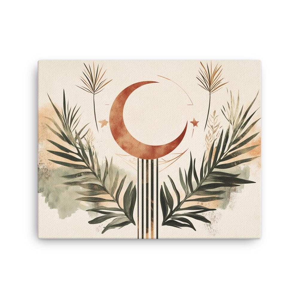 Boho Moon and Palm Leaves Harmony Art with Earthy Tones Thin Canvas - Oh Posters