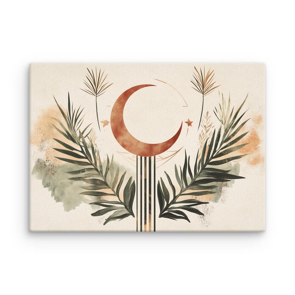 Boho Moon and Palm Leaves Harmony Art with Earthy Tones Thin Canvas - Oh Posters