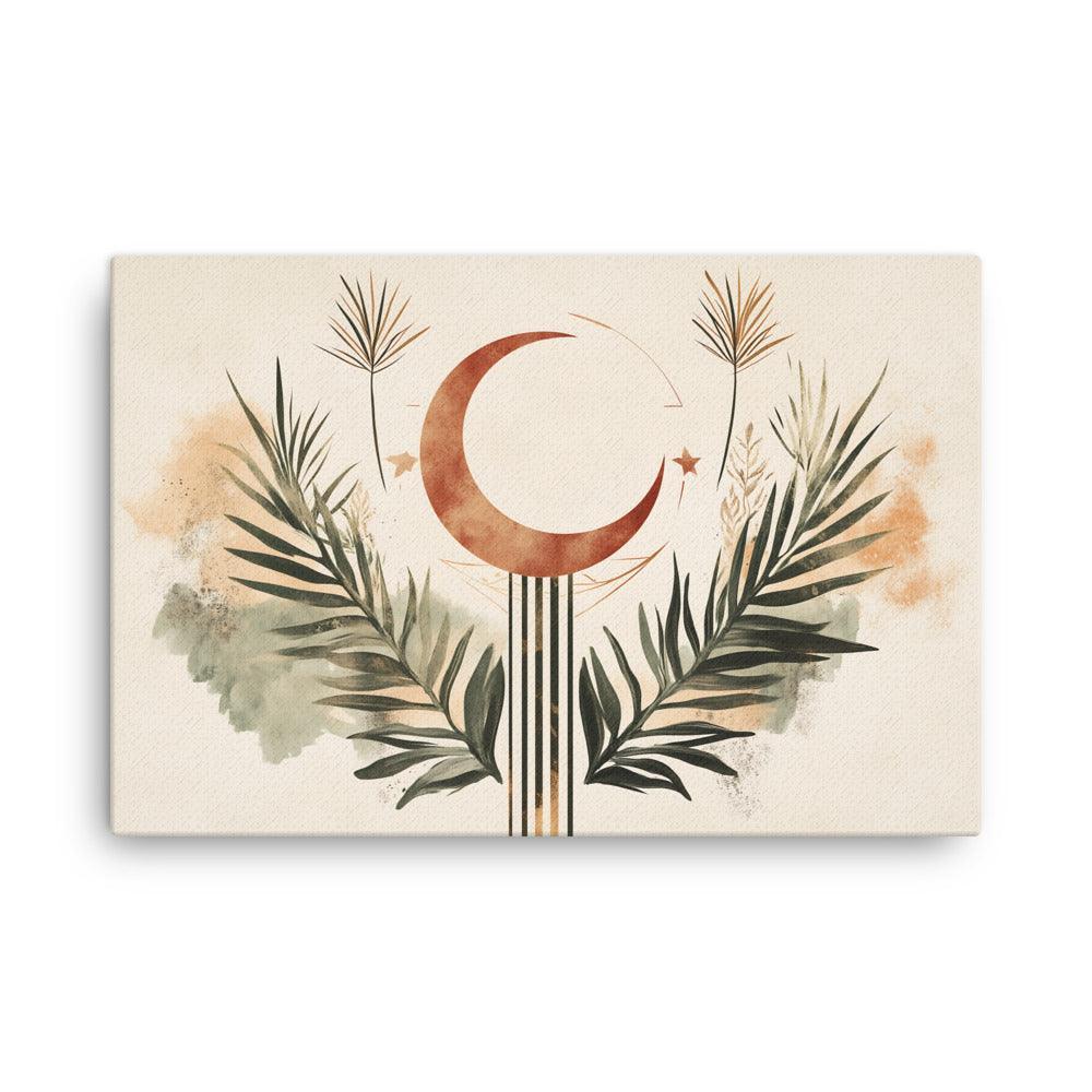 Boho Moon and Palm Leaves Harmony Art with Earthy Tones Thin Canvas - Oh Posters